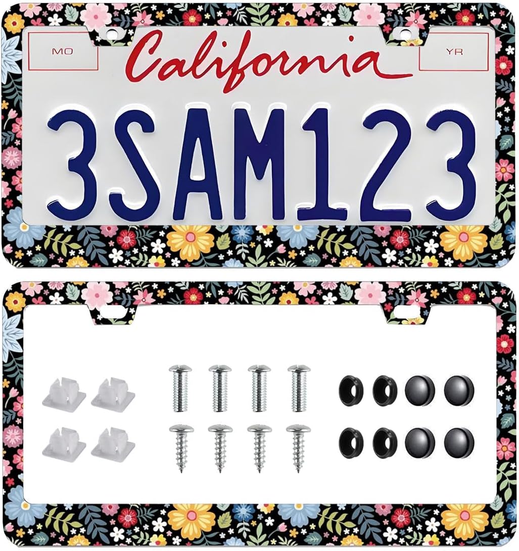 2 Pack Universal Retro Colorful Flowers License Plate Frame - Heavy Duty Rustproof Aluminum Matte Black Car Tag Holder Bracket Fits All Vehicles, Easy Install with Screws Included