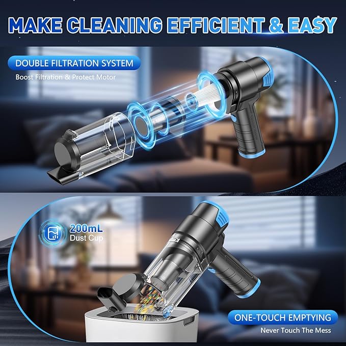 KMM Handheld Car Vacuum Cleaner, 16000PA Air Duster & Vacuum Cleaner, 120W High Power Hand Held Vacuum Cordless, Portable Vacuum Rechargeable with Multi-Nozzles & LED Light for Car, Home, Pet, Office