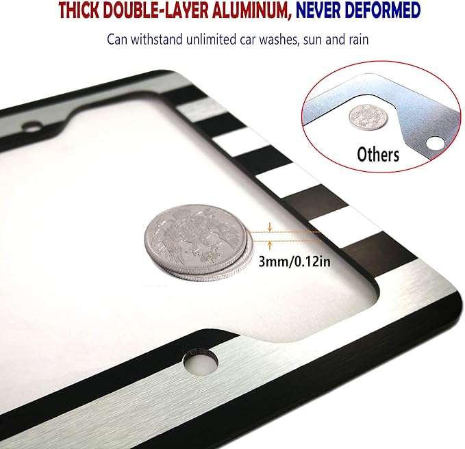 AOOTF American Flag License Plate Frame - USA Aluminum Metal License Plate Cover Auto Car Truck Tag Holder Thin Blue Line Black and White Stripes with Screws,Anti-Rattle Foam Pad