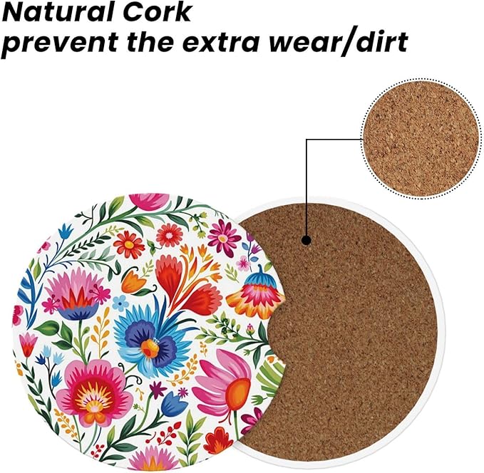 ABLESKY Car Coasters for Cup Holders, 2 Pack Absorbent Anti Slip Car Cup Holder Coasters, 2.56 Inch Ceramic Universal Size Auto Interior Accessories Women Men-Retro Flowers Colorful