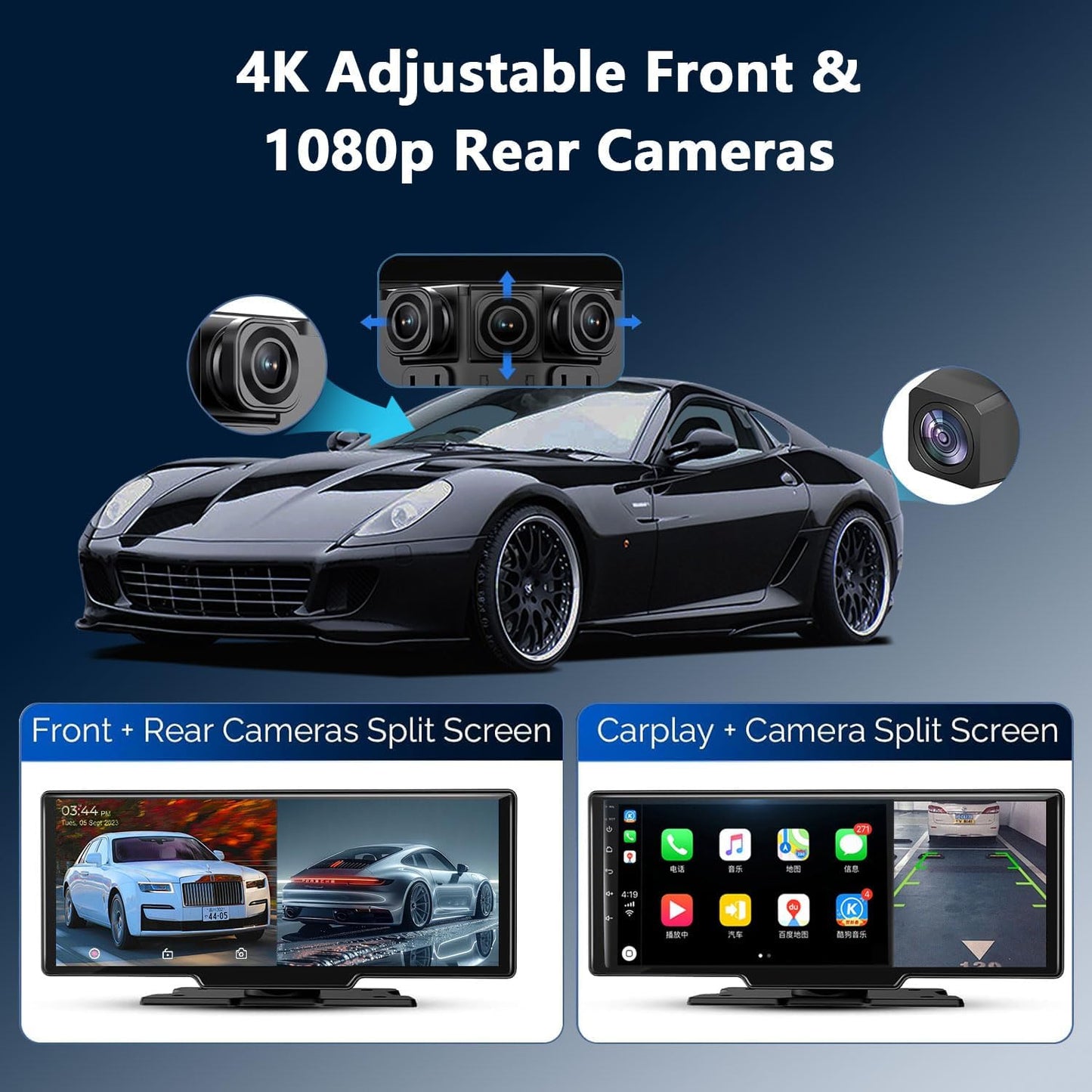 Wireless Carplay Screen for Car, 10.26" HD Touchscreen with 4K Dash Cam Portable Carplay & Android Auto Car Stereo with Backup Camera, GPS Navigation Mirror Link, Bluetooth, FM, Siri