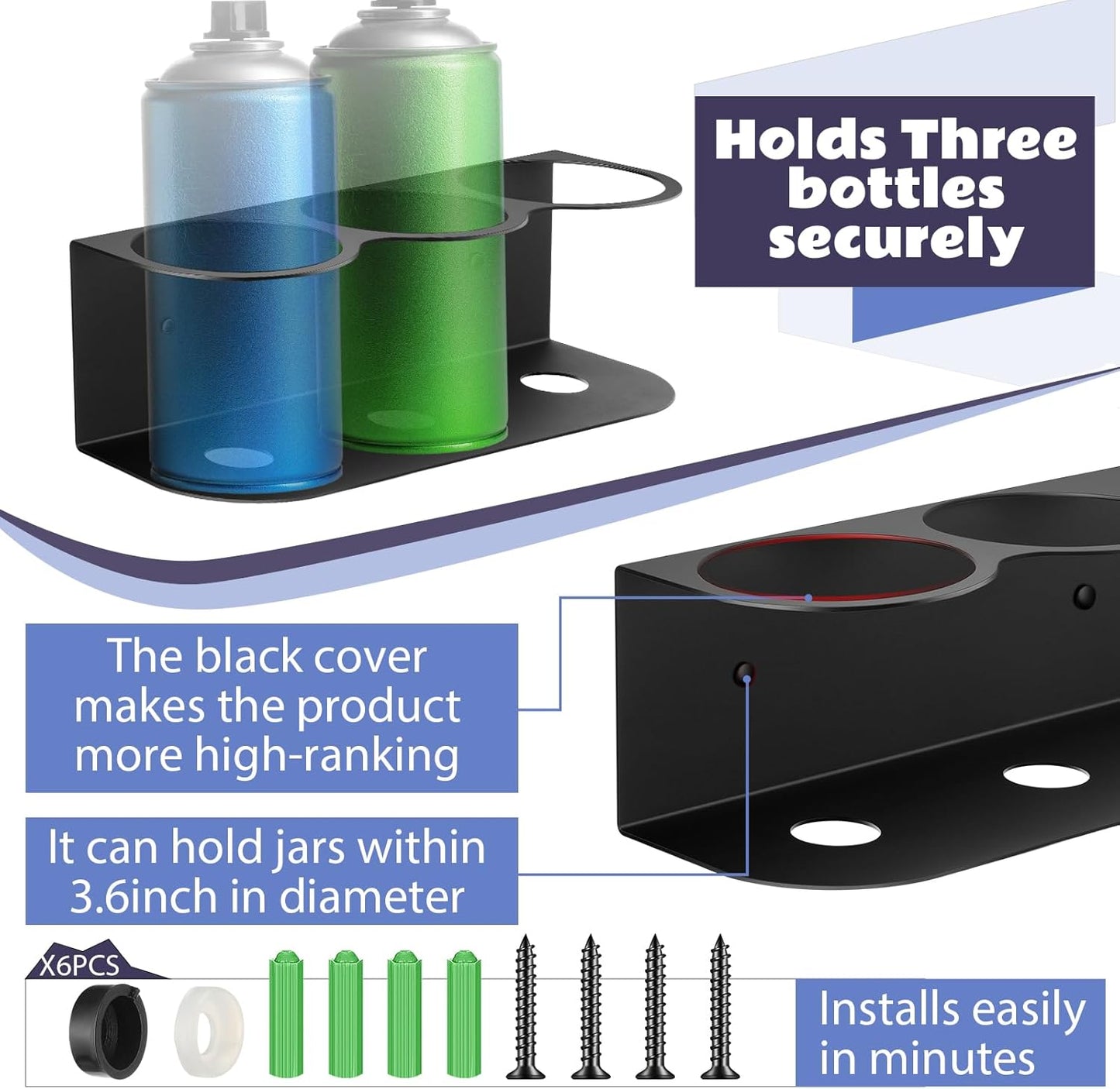 Therwen 2 Pcs 3 Holes All Purpose Steel Spray Bottle Holder Heavy Duty Can Holder Rack Organizer Easy Install Wall Mount Paint Spray Bottle Organizer Storage Rack for Garage Home Workspace(Black)