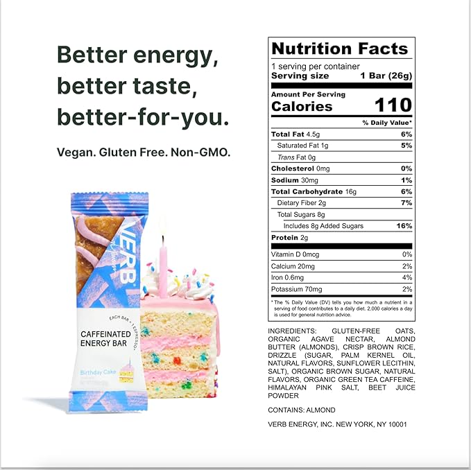 Verb Caffeinated Energy Bars Birthday Cake (26g, Pack of 16) 110-Calorie Delicious Low Sugar Energy Bar - Vegan Gluten Free On-the Go Snack with 80mg Green Tea Caffeine, Only Real-Food Ingredients