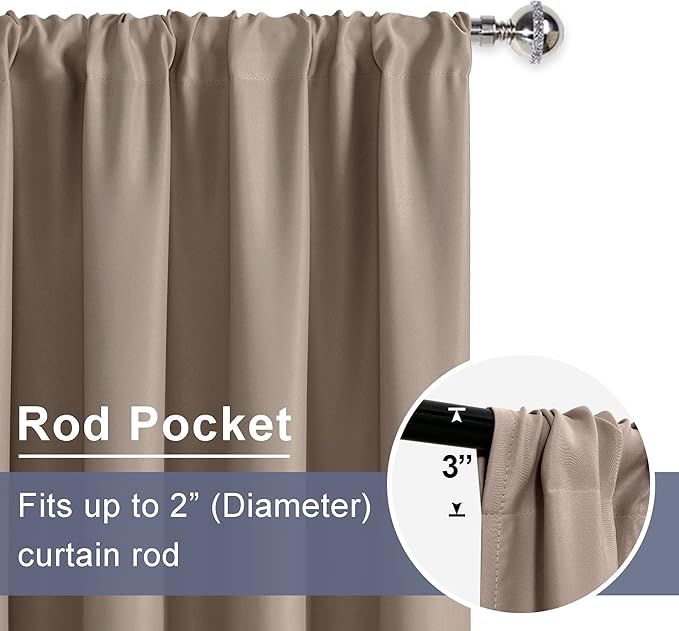 JIUZHEN Blackout Curtains for Bedroom - Thermal Insulated Room Darkening Rod Pocket Curtains for Living Room, Set of 2 Panels with Tiebacks, 52 x 90 Inch Length, Camel
