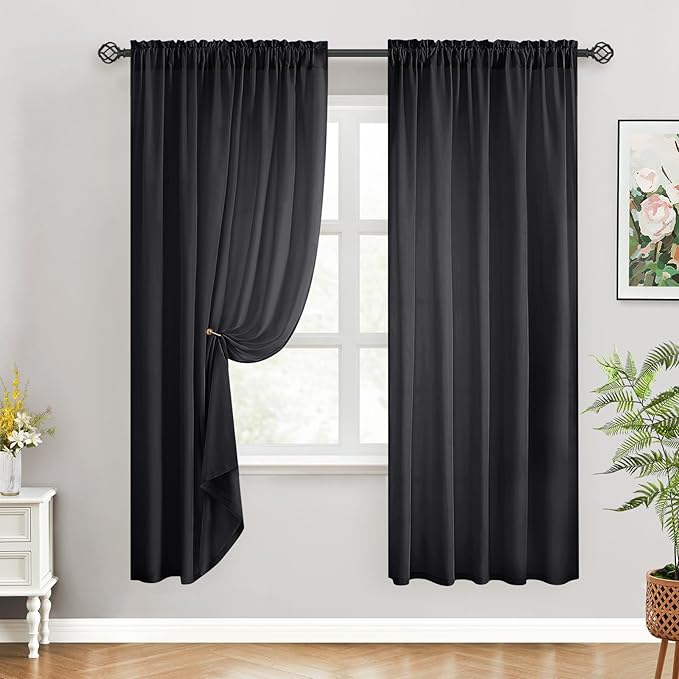 HOMEIDEAS Halloween Non-See-Through Black Privacy Sheer Curtains, 52 X 72 Inches Long 2 Panels Sheer Curtains Light Filtering Window Drapes for Bedroom Living Room