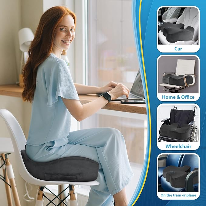 BlissTrends Seat Cushion,Thick Memory Foam Cushions for Office Chair, Car Seat, Airplane, Relieving Pressure Tailbone Sciatica Back Pain for Long Sitting Office Workers, Car Drivers 4.7in Thick Grey