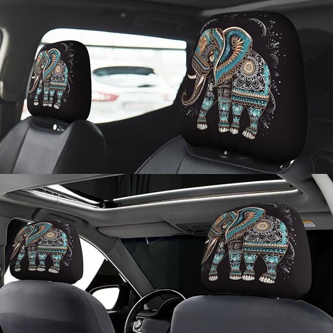 Dujiea 2 Pack Mandala Tribe Elephant Car Headrest Covers, Universal Soft Car Seat Head Rest Cover Protector, Vehicle Accessories Fabric Headrest Cover for Cars Vans Trucks