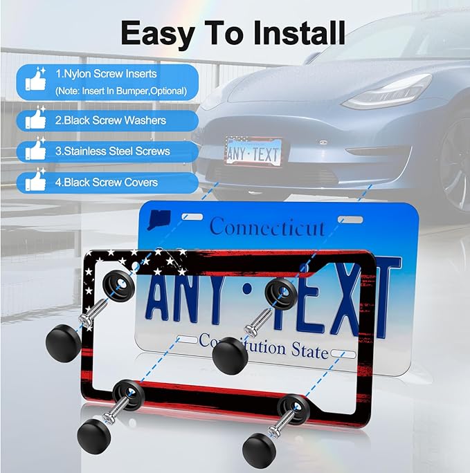 American Flag License Plate Frames Holder,Aluminum Novelty Decorative License Plate Protector with Screws for Men/Women,Car Decoration Accessories,2pcs-Black RedAmerican Flag