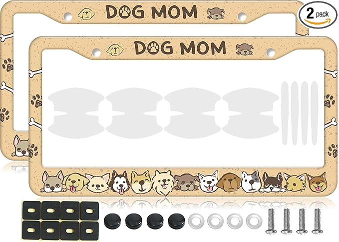 2PCS Yellow Dog Mom Pattern License Plate Frames for Men Women - Universal Aluminum Stainless Steel Car Pet Personalized Tag Covers Holder with Screws, Caps, Rattle Proof Pads and Handlebar Stickers