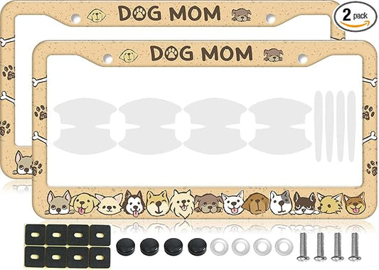 2PCS Yellow Dog Mom Pattern License Plate Frames for Men Women - Universal Aluminum Stainless Steel Car Pet Personalized Tag Covers Holder with Screws, Caps, Rattle Proof Pads and Handlebar Stickers
