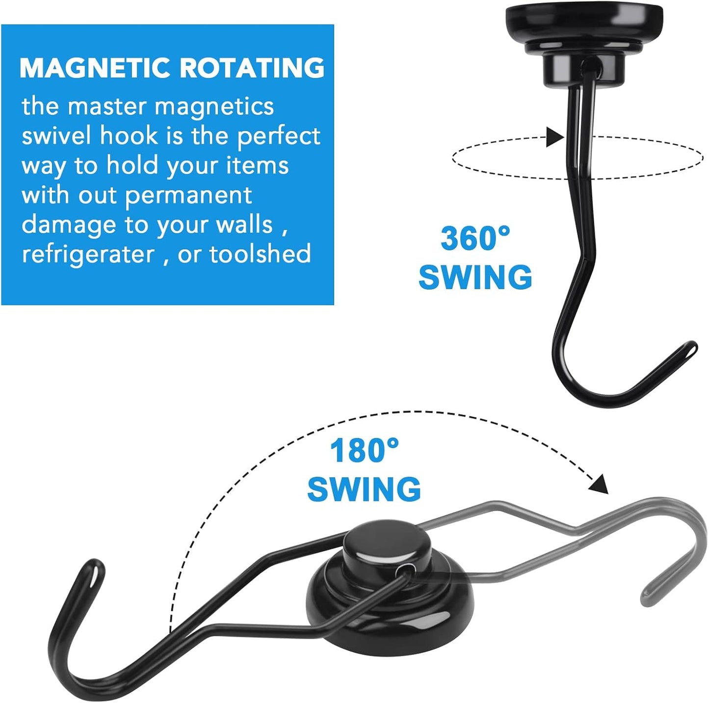 MIKEDE Black Magnetic Hooks Heavy Duty, 60 lb+ Strong Swivel Swing Neodymium Magnetic Hooks for Hanging, Strong Magnet Hanger for Cruise Cabins, Locker, Toolbox, Home, Kitchen - Pack of 10