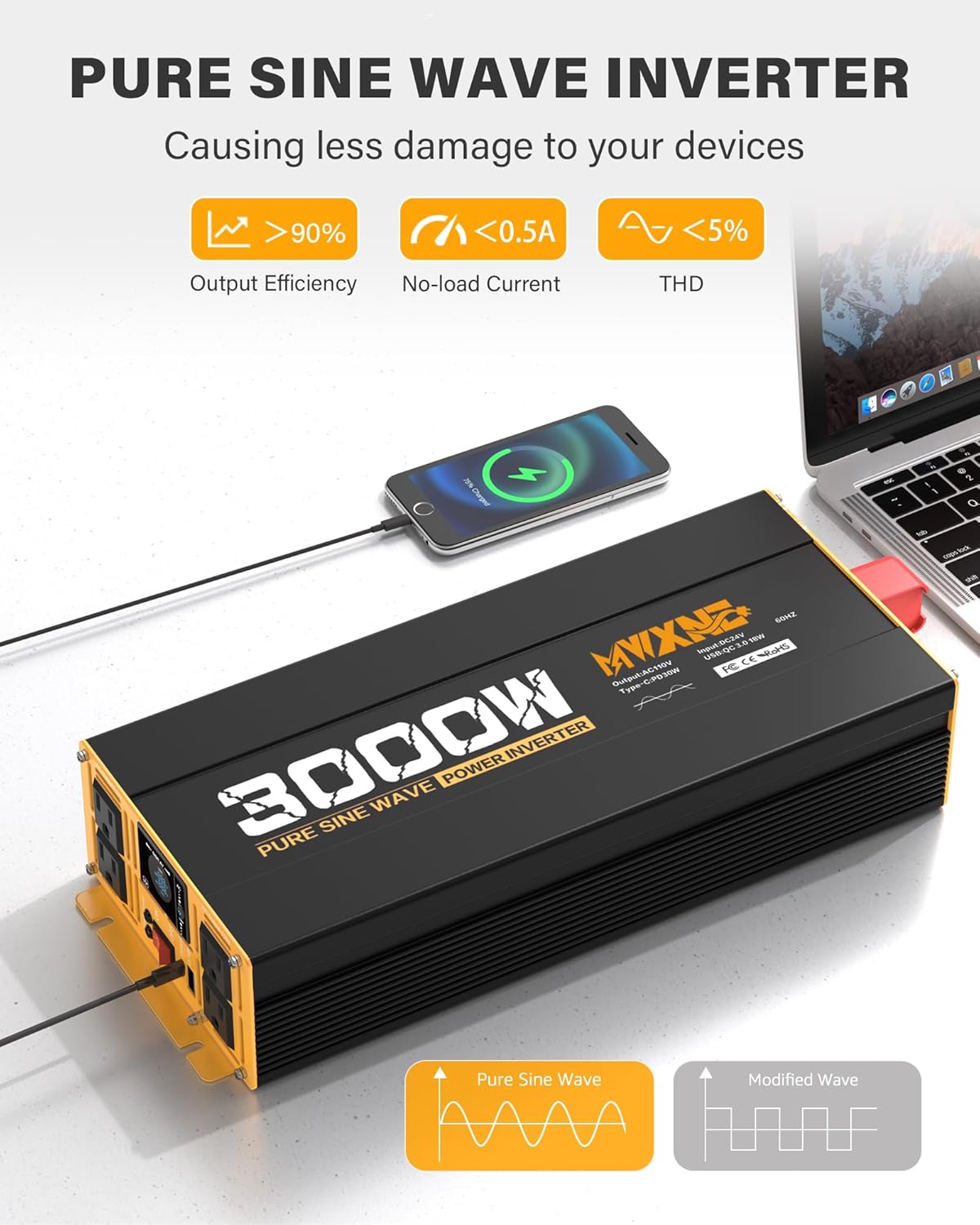 3000W Pure Sine Wave Inverter 24V DC to 110V 120V AC Converter for RV Truck Home Off-Grid Solar Power Inverter with Type-C PD30W/USB Port QC3.0 Quick Charging, 4 AC Outlets, Remote Control