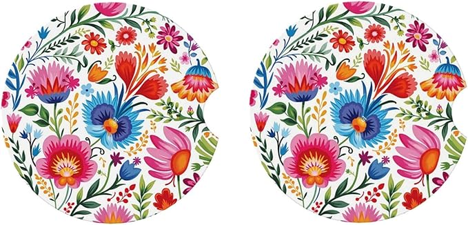 ABLESKY Car Coasters for Cup Holders, 2 Pack Absorbent Anti Slip Car Cup Holder Coasters, 2.56 Inch Ceramic Universal Size Auto Interior Accessories Women Men-Retro Flowers Colorful