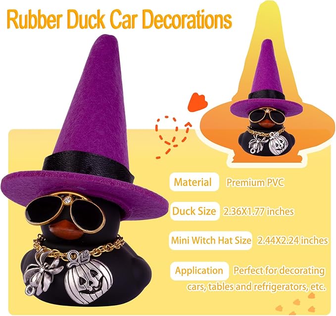 Halloween Car Rubber Duck, Duck Car Dashboard Decorations with Mini Witch Hat Sunglasses Necklace Halloween Accessories for Halloween Themed Gifts(W18)