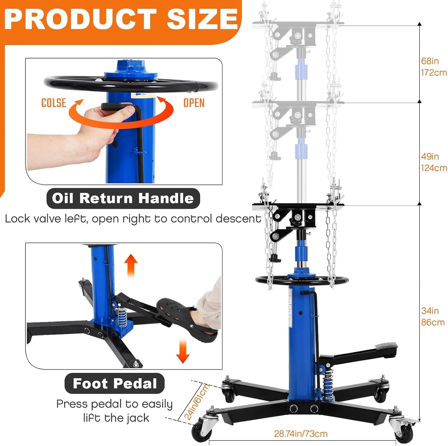 Transmission Jack, 1100lbs (1/2 Ton), 2-Stage Hydraulic Telescopic Jacks, Lifts 34"-68", with Foot Pedal & 360° Swivel Wheels, Ideal for Garage and Car Lifting, Heavy-Duty, Blue