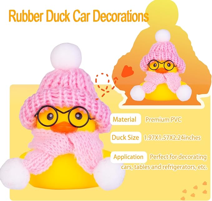 Car Rubber Duck Ornament Winter Duck Car Dashboard Decoration with Mini Beanie Hat Glasses and Scarf (E3)