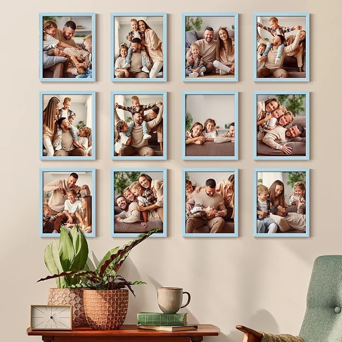 Renditions Gallery Set of 12, 11X14 Custom Photo Prints with Real Wood Picture Frames. Create Personalized Photos with Peel & Stick Photo Frames. Blue Frame