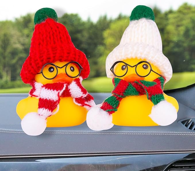 Christmas Rubber Ducks Toys Car Ornaments Yellow Duck Car Dashboard Decorations with Mini Beanie Hat Scarf and Sunglasses for Winner Home Christmas Decor, 2 Inches(E1)