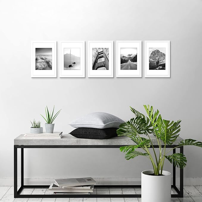 Americanflat 8x12 Picture Frame with Polished Plexiglass - Set of 5 - Use as 6x8 Frame with Mat or Display 8x12 Photo Without Mat - Galleria Collection - Picture Frames for Wall Display - White
