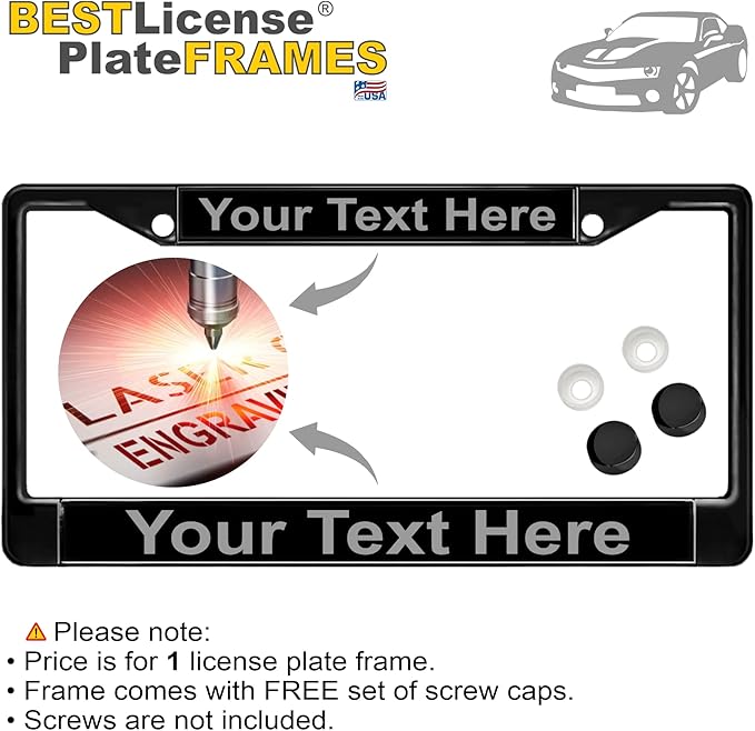Custom Personalized Black Powder-Coated Metal Laser Engraved Standard Size - Car/Automobile License Plate Frame with Free caps - Black/Gray Text (Qty: 1 Frame)