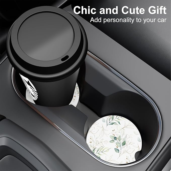 Car Cup Holder Coaster, Car Coasters for Cup Holders, 4 Pack Universal Anti Slip Insert Absorbent Ceramic Auto Interior Accessories with A Finger Notch & Cork Base, Leaves