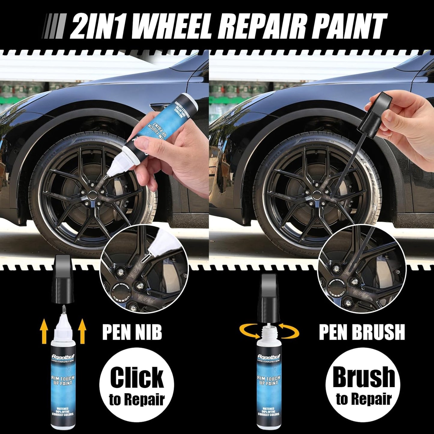 Rim Touch Up Paint - Car Wheel Repair Kit Curb Rash, Gloss or Matte Black Rim Touch Up Paint, Quick And Easy Wheel Scratch Repair Kit, Wheel Repair Kit Curb Rash (Pure Black + Varnish)