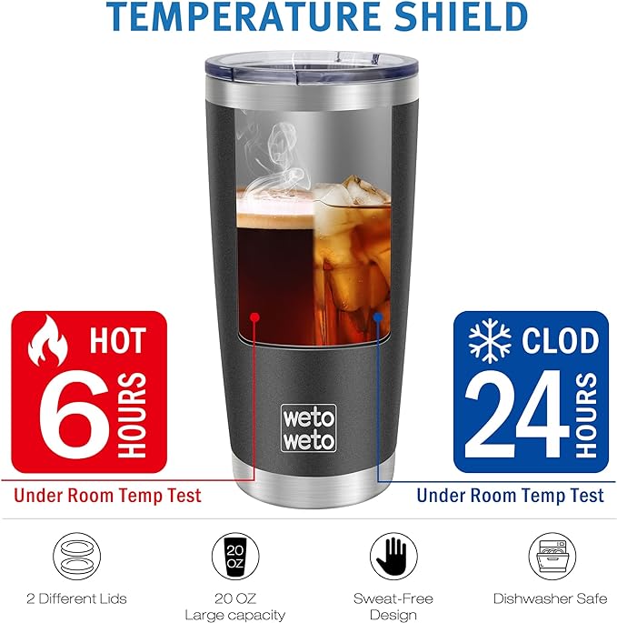 WETOWETO 20oz Tumbler, Stainless Steel Vacuum Insulated Coffee Tumbler Cup, Double Wall Powder Coated Leak-proof Travel Coffee Mug Cup (Black, 1 Pack)