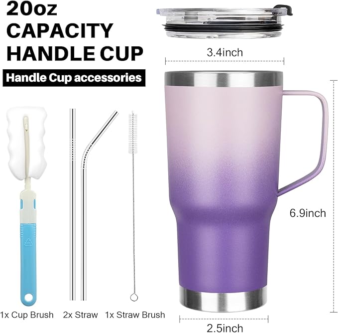 20 oz Tumbler with Handle, Stainless Steel Insulated Tumbler with Lid and Straw, Double Wall Vacuum Insulated Coffee Mug Tumbler, Insulated Coffee Thermal Cup for Cold and Hot(Light Dark Purple)