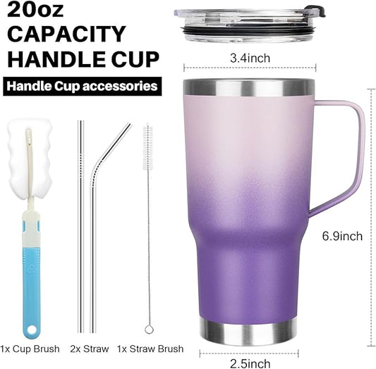 20 oz Tumbler with Handle, Stainless Steel Insulated Tumbler with Lid and Straw, Double Wall Vacuum Insulated Coffee Mug Tumbler, Insulated Coffee Thermal Cup for Cold and Hot(Light Dark Purple)