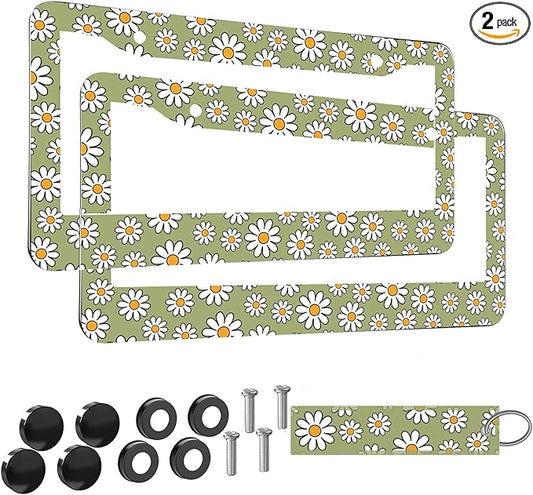 2pcs Retro Daisy Flowers Floral License Plate Frame for Women,Lime Green Vintage Plant car Decorative tag Frames Girly,Cute Green Floral License Plate Cover Holder for Vehicle with car Keychain tag