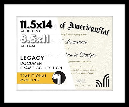 Americanflat 11.5x14 Diploma Frame with Shatter-Resistant Glass - Use as 8.5x11 Frame with Mat or Display 11.5x14 Document Without Mat - Legacy Collection - Certificate Frames for Wall - Black