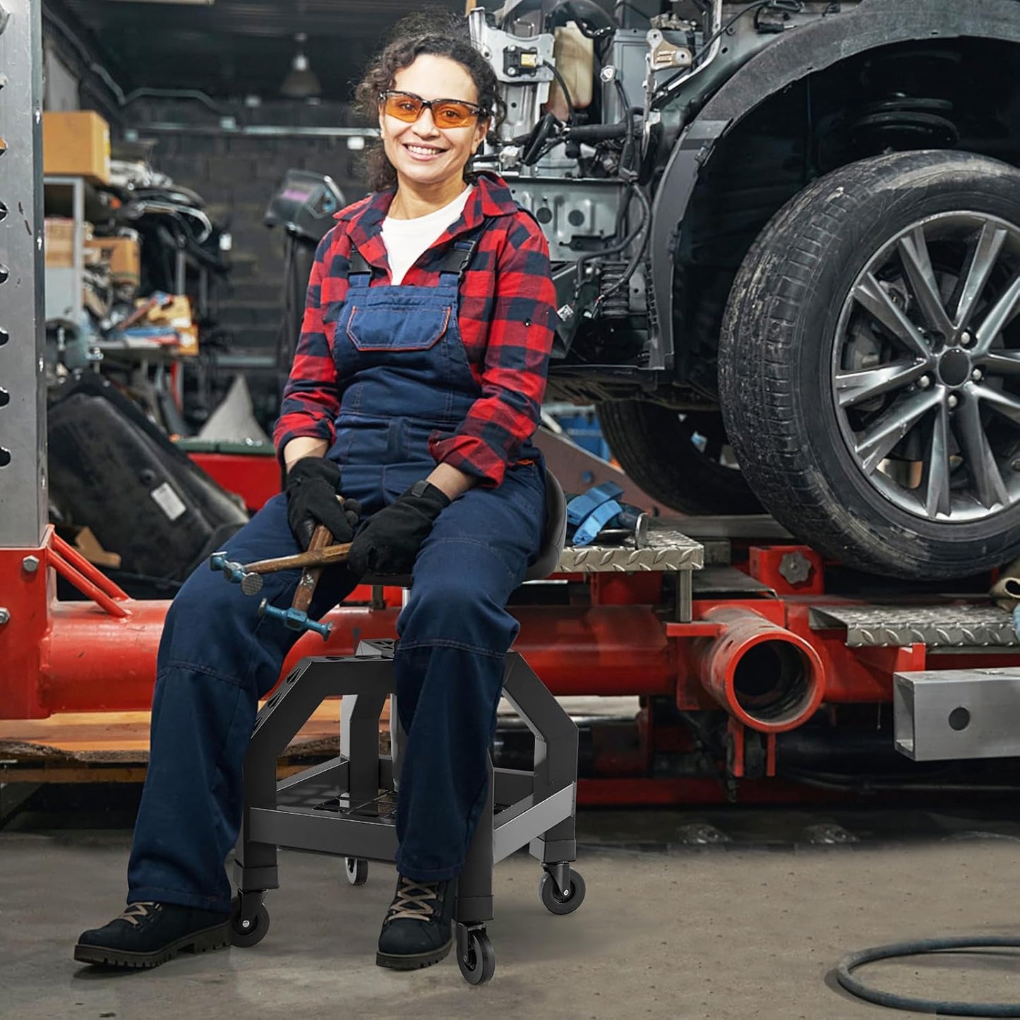 Goplus Rolling Garage Stool, 22.5”-27.5” Adjustable Mechanic Chair with Padded Seat, 330LBS Capacity, Tool Tray, Heavy Duty Creeper Seat, 360° Swivel Shop Stool for Workshop