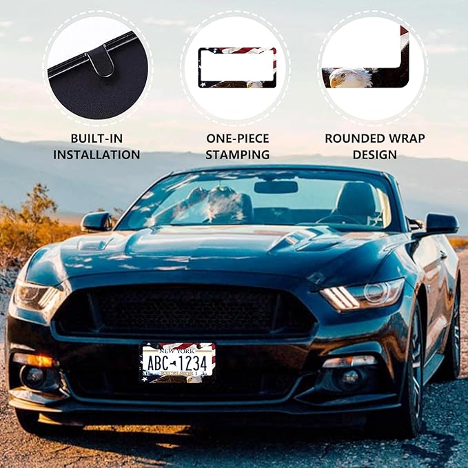 LIN KANG American Flag Eagle License Plate Frame Holder - 2 Pack Patriotic Universal Aluminum Matte Stripe US Flag Gloss Car Tag Frame Holder Accessory with Screws Fasteners Caps