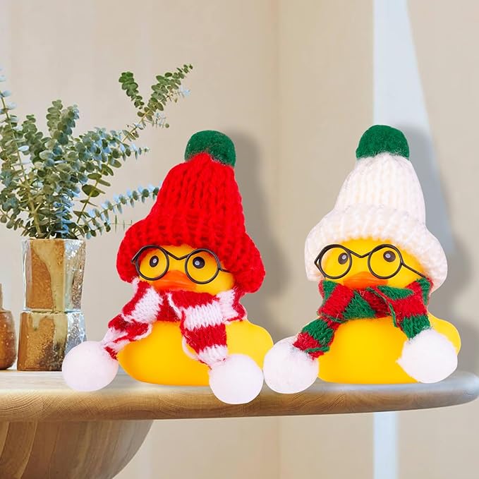 Christmas Rubber Ducks Toys Car Ornaments Yellow Duck Car Dashboard Decorations with Mini Beanie Hat Scarf and Sunglasses for Winner Home Christmas Decor, 2 Inches(E2)