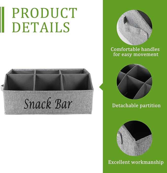 Snack Organizer for Countertop, Trapezoid Fabric Snack Bin Holder with Side Handles, 6 Compartment Snack Basket Container, Lightweight Snack Bar Station Organizer, Kitchen Pantry Storage-Gray
