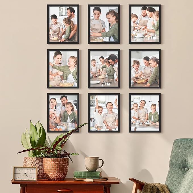 Renditions Gallery Set of 9, 11X14 Custom Photo Prints with Real Wood Picture Frames. Create Personalized Photos with Peel & Stick Photo Frames. Black Frame