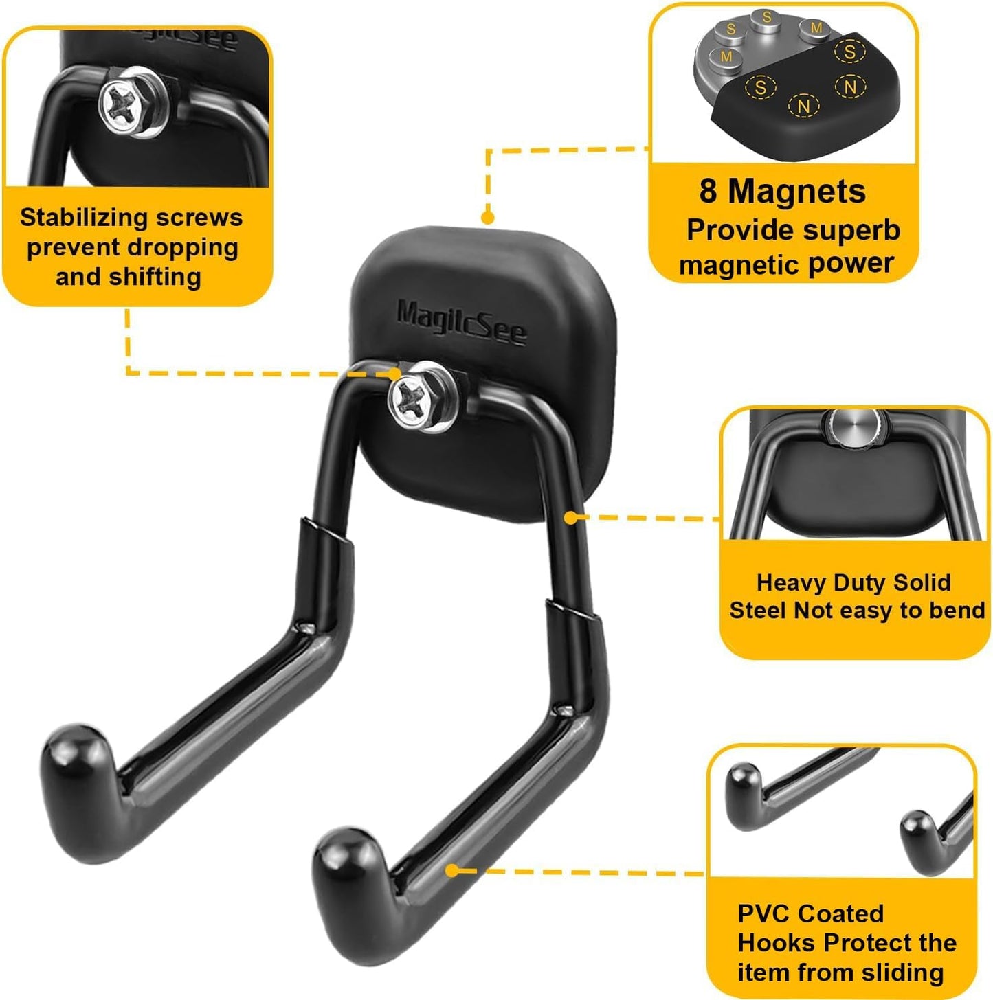 2 Pack Large Magnetic Garage Hooks Heavy Duty, Universal Indoor Outdoor Strong Storage Magnet Utility Tool Organizer Holder with Anti Slip Rubber Coating for Garden Tools,Hose,Cruise,RV,Workshop