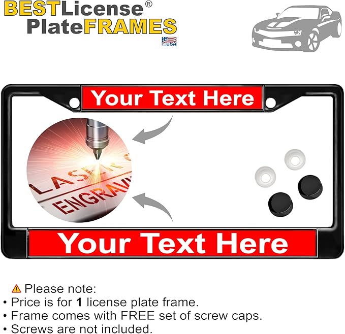 Custom Personalized Black Powder-Coated Metal Laser Engraved Standard Size - Car/Automobile License Plate Frame with Free caps - Red/White Text (Qty: 1 Frame)