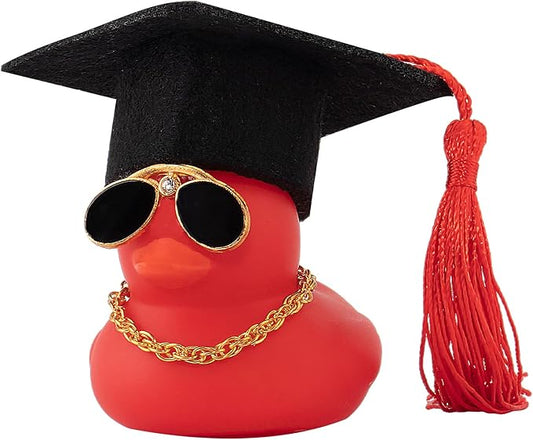 wonuu Car Dashboard Decor Graduation Hat Color Rubber Duck, Car Ducks Ornaments with Mini Graduation Hat Necklace Sunglasses (Red)
