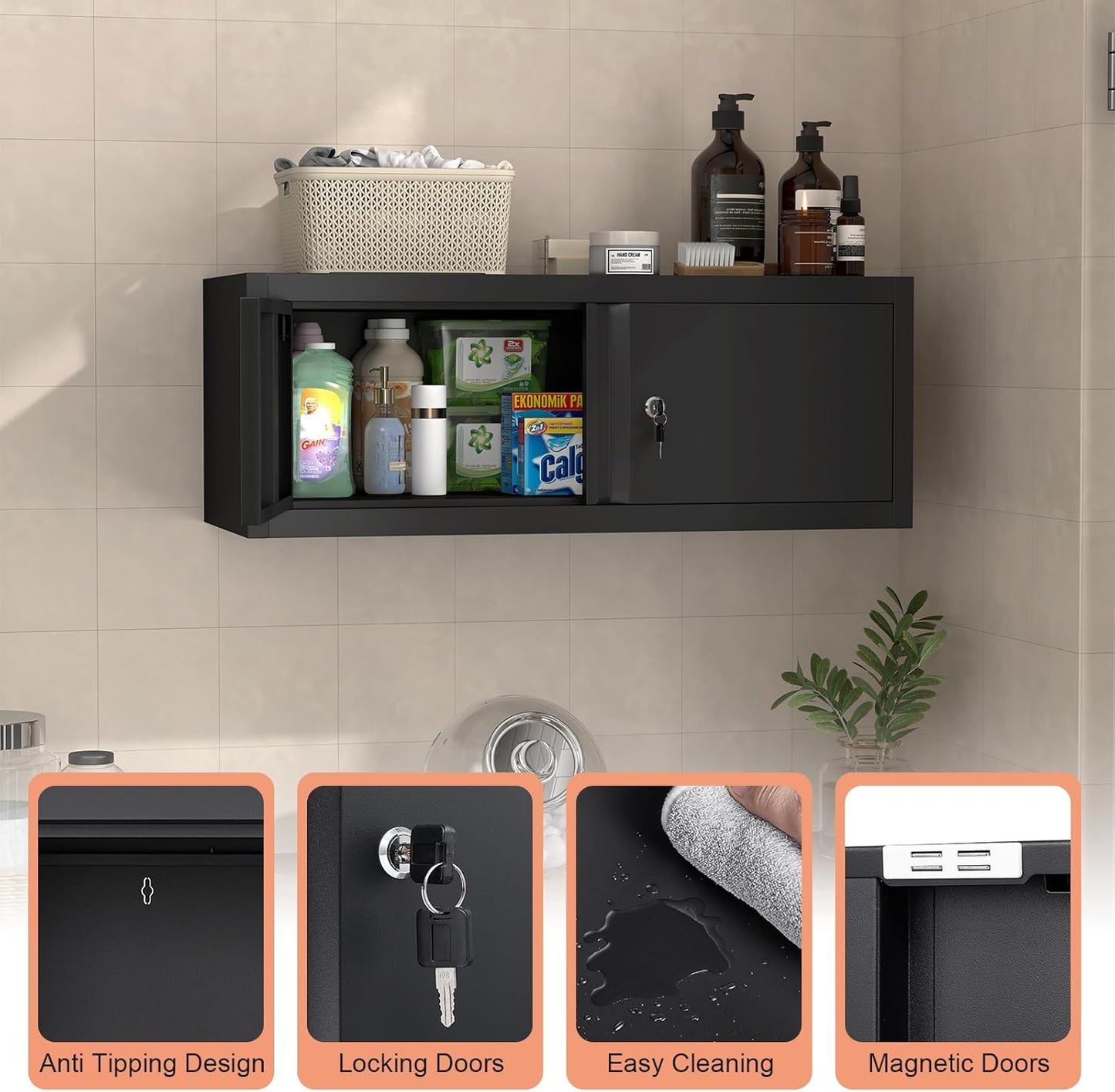 LUCYPAL Garage Storage Cabinet,Metal Wall Storage Cabinet with Locking Doors for Workshop,Kitchen,Steel Tool Hanging Cabinets for Warehouse,Home Office,Black,12.8''H