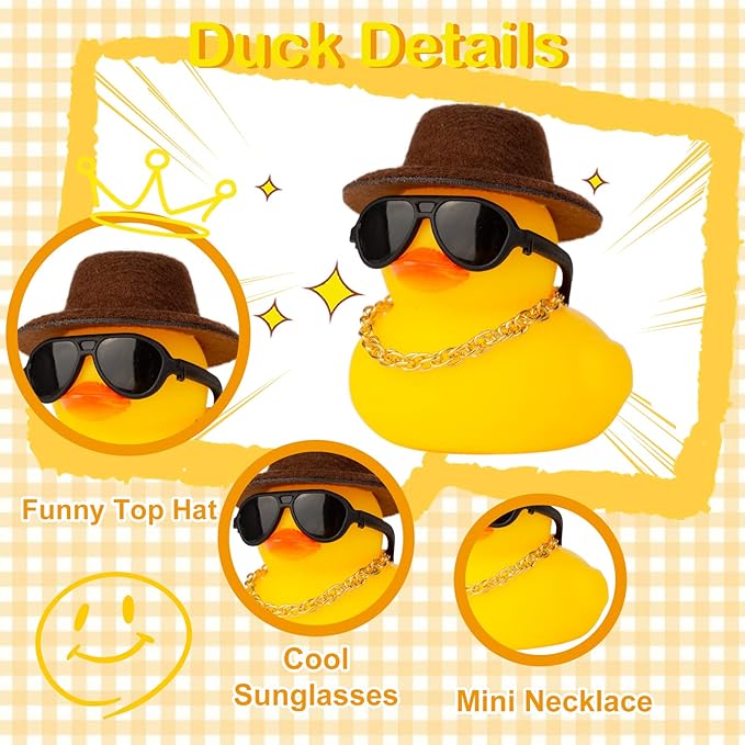 Rubber Duck Car Ornaments Duck Car Dashboard Decorations Accessories with Mini Top Hat Necklace and Sunglasses(T3)