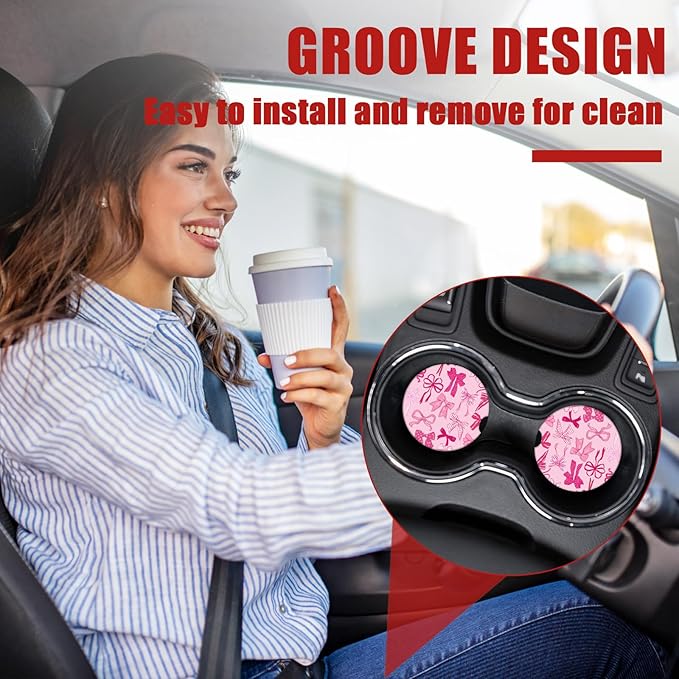 Pink Bow Car Coasters for Cup Holders, Absorbent Ceramic Car Coaster Car Cup Holder Coaster Car Accessories for Women Men (2 Pack)