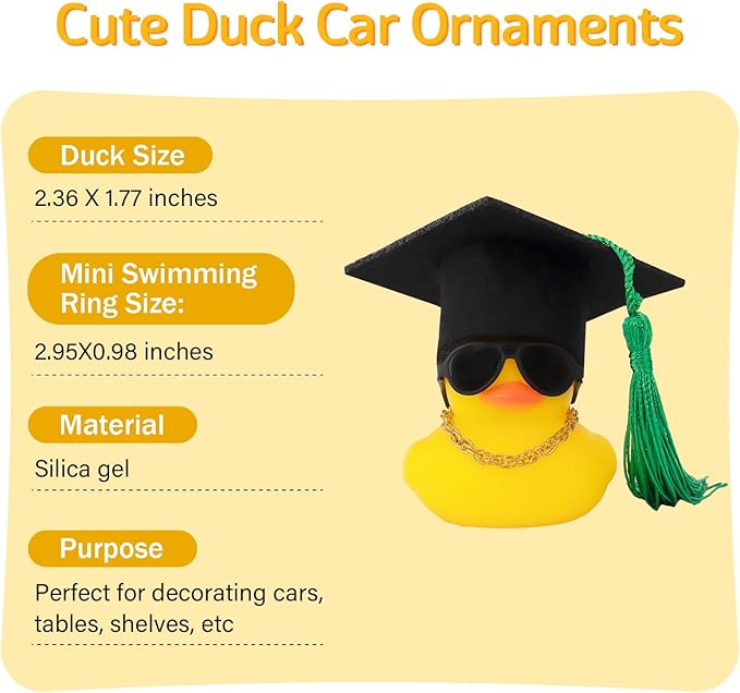 wonuu Car Dashboard Decor Graduation Hat Rubber Duck, Car Ducks Ornaments with Mini Hat Necklace Sunglasses Scarf (Green)