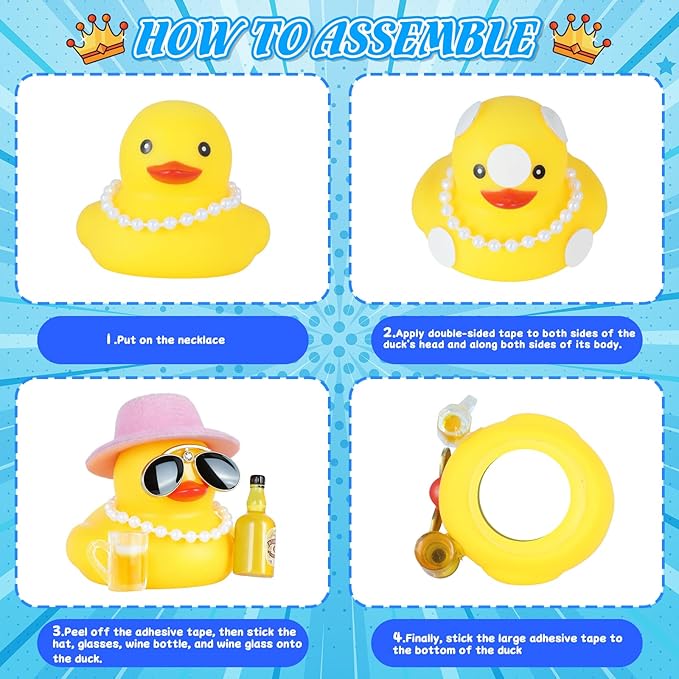 Funny Rubber Duck Car Dashboard Decor with Pink Hat, Pearl Necklace, Diamond Sunglasses, Beer Glass & Bottle - Squeaky Stress Reliever Accessory for Car Interior, Office Desk Decorations