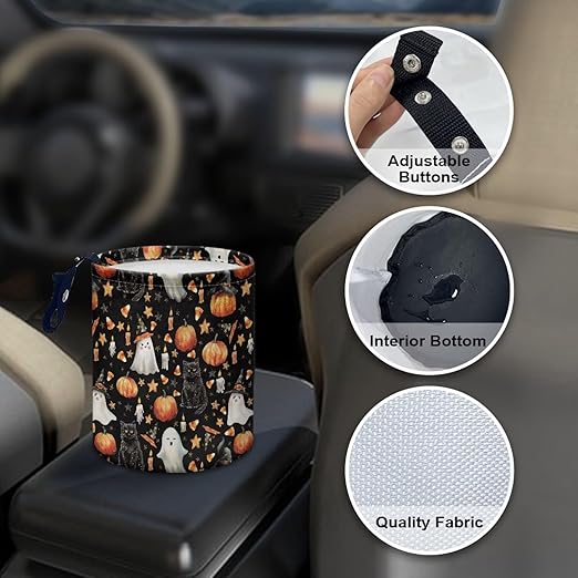 Halloween Ghost Black Cat Pumpkin Car Trash Bin Folding Vehicle Garbage Small Mini Front Back Seat Rubbish Basket with Strap Travel Garbage Organizer Bag Accessories, Keep Tidy