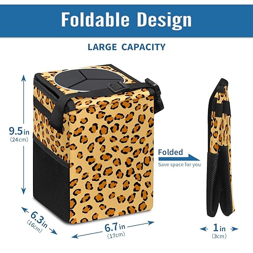 Car Trash Can Leopard Skin Wate-rproof Auto Garbage Bag Car Trash Can with Lid Leak-Proof Car Storage Bag Hanging for Headrest Collapsible and Portable with Storage Mesh Pocket