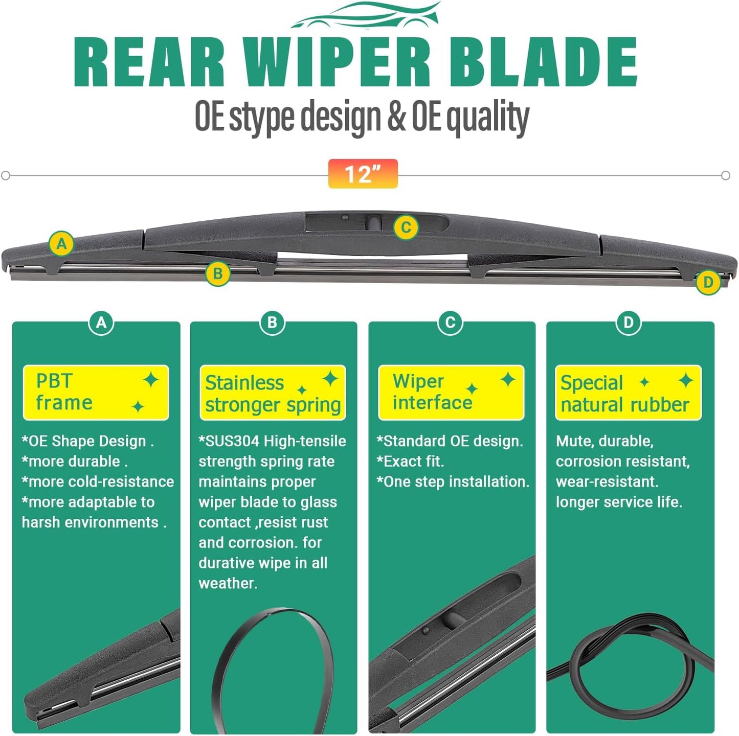 28" 14" 12" Windshield Wiper Blades Replacement for Toyota Corolla Hatchback 2019 2020 2021 2022 Premium All Weather Front Rear Wipers Set - OEM Quality (Pack of 3)