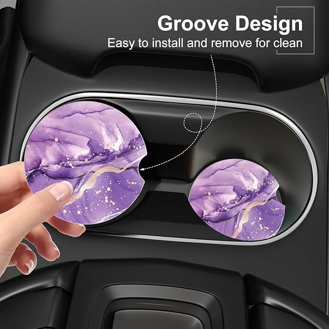 Car Cup Holder Coaster, Car Coasters for Cup Holders, 4 Pack Universal Anti Slip Insert Absorbent Ceramic Auto Interior Accessories with A Finger Notch & Cork Base, Purple Marble