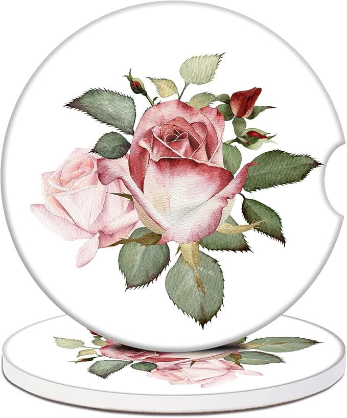 Watercolor Rose Car Coasters for Cup Holders, Vintage Floral Absorbent Ceramic Car Coaster Car Cup Holder Coaster Car Accessories for Women Men (2 Pack)