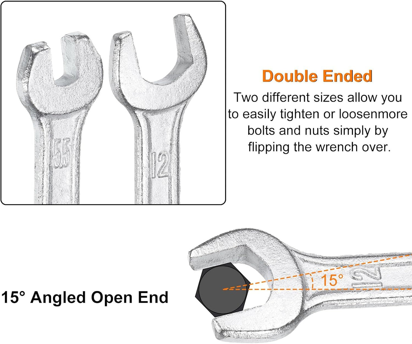 HARFINGTON Double Open End Wrench 12mm x 14mm Metric 15 Degree Offset Angle Small Flat Head Wrench Galvanizing Open Ended Spanner for Automotive Repair Furniture Assembly